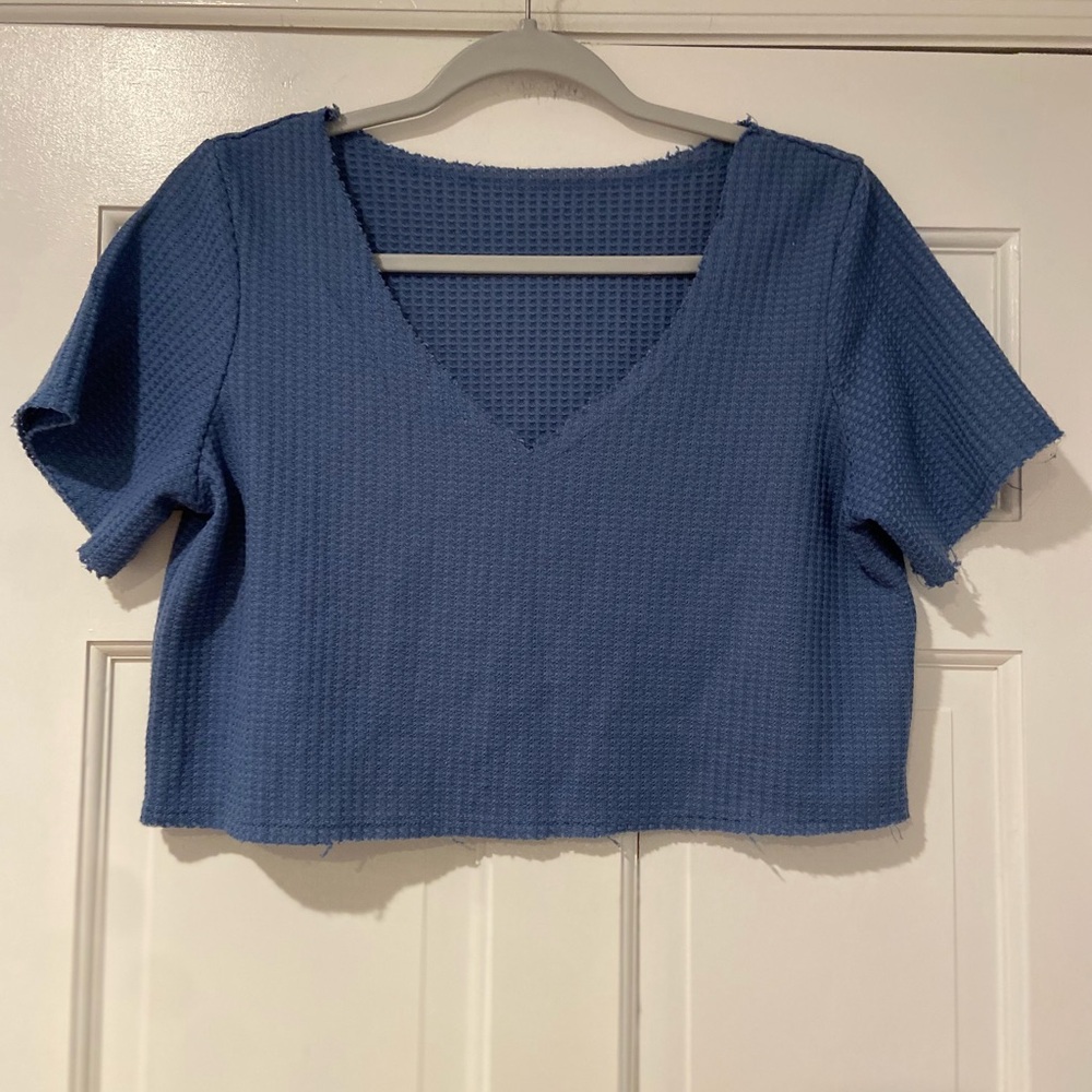 Blue Waffle Knit Cropped V-Neck Top Raw Hem Size S